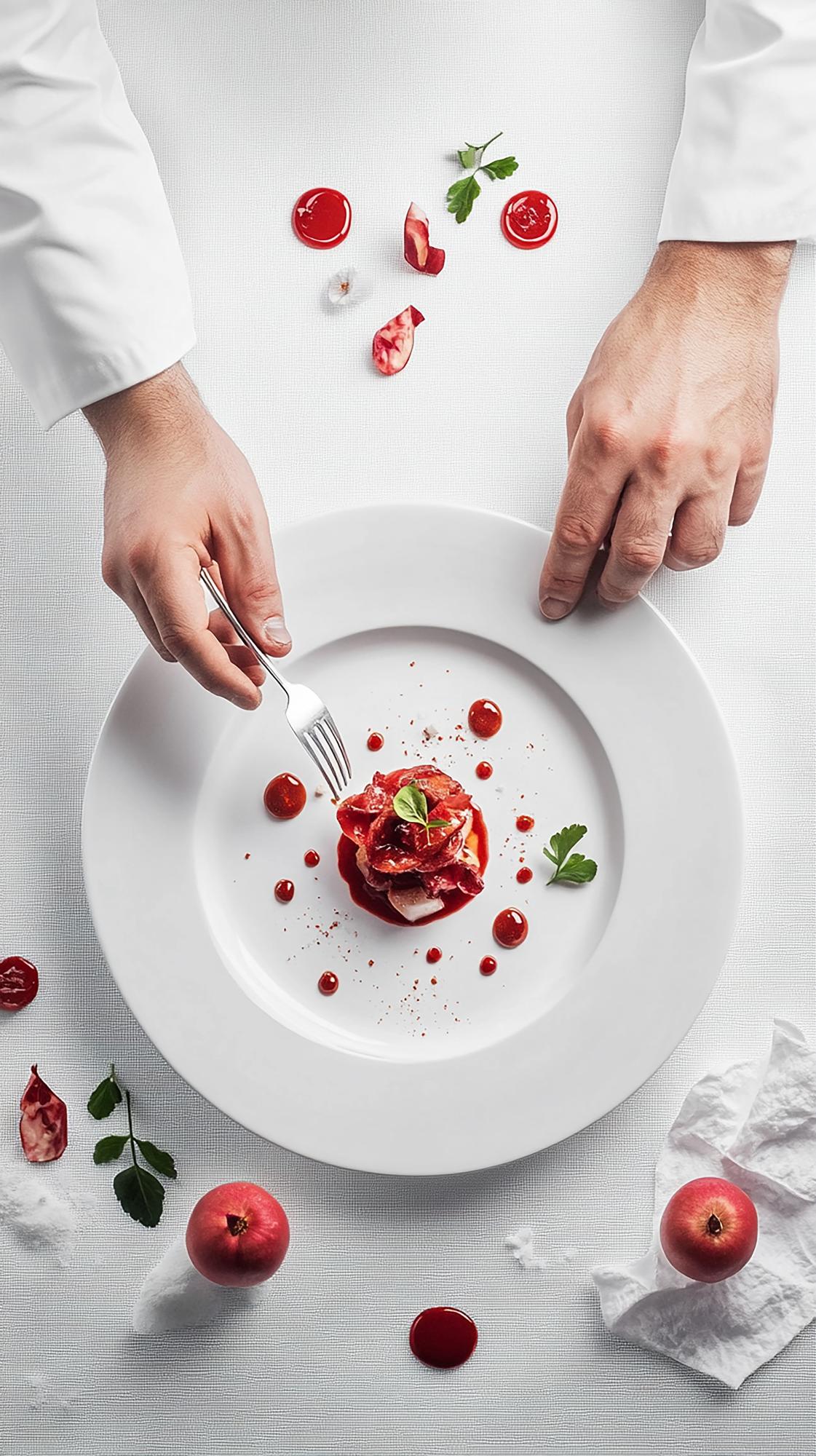Chef arranging plated dish in elegant studio